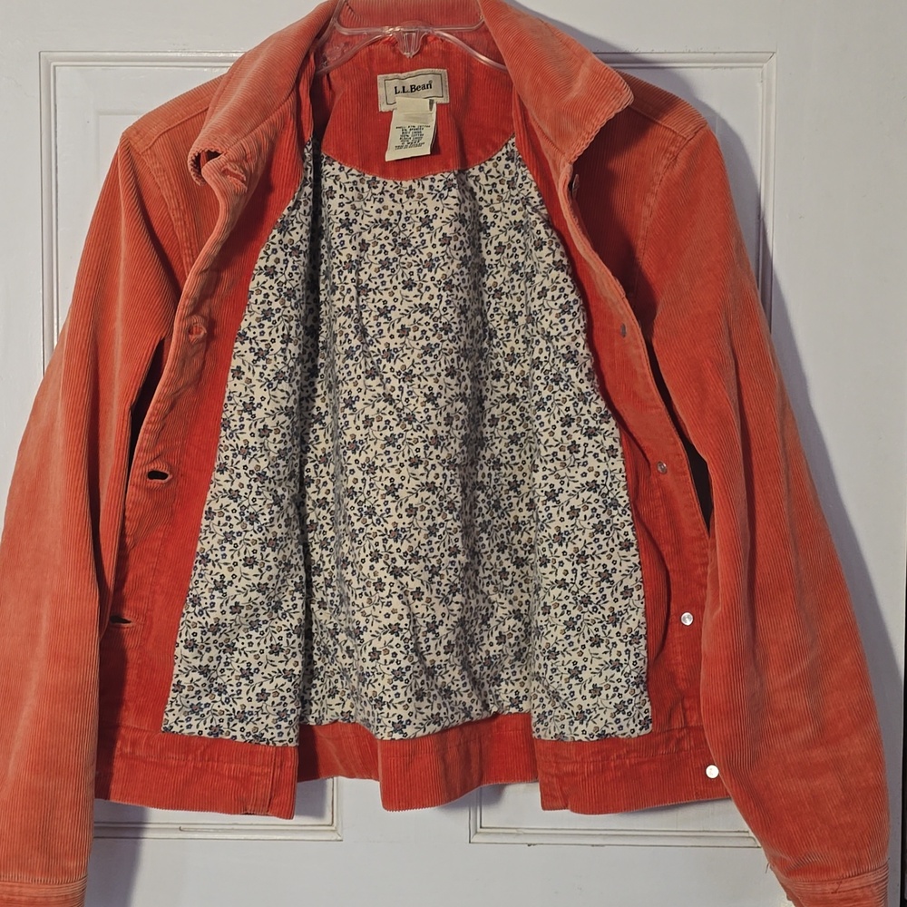 Wonderful Pink Salmon LL Bean Corduroy Jean Jacket XS Lined w/ Floral Flannel - Picture 7 of 10